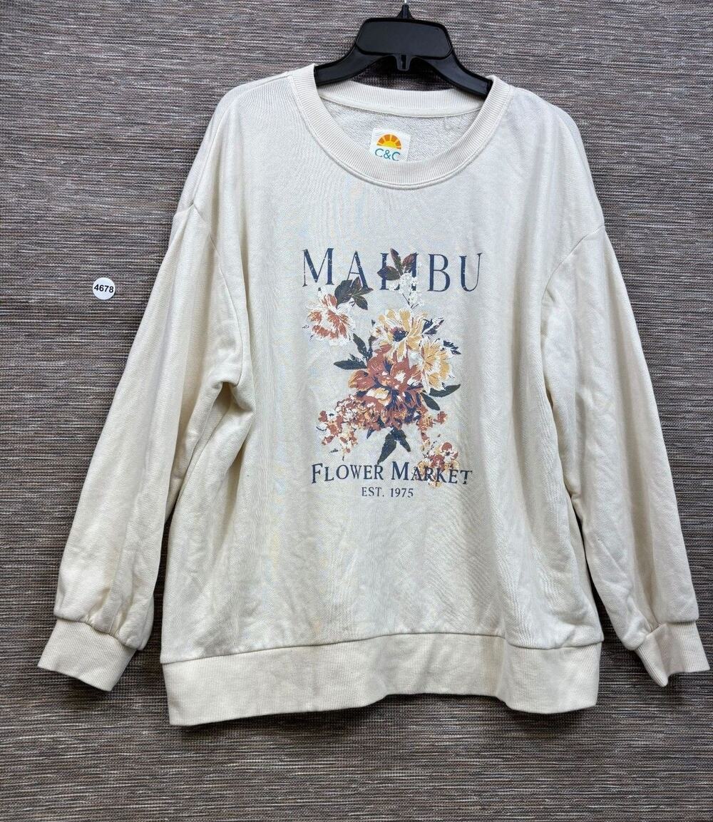C&C California Sweatshirt Womens Size 1X White Malibu Flower Market Graphic